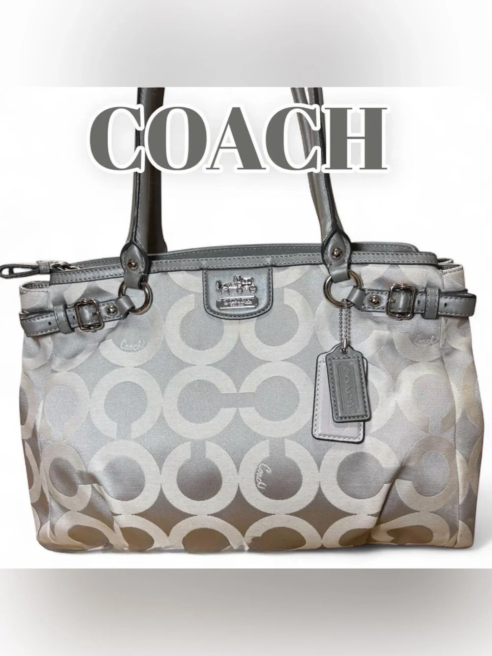 Coach Madison Op Art Kara Carryall Handbag 2012 Silver & Grey w 2-Hangtags - GUC